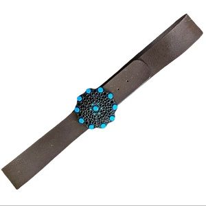 Chico’s Brown Leather Ladies Belt Western Buckle Turquoise Color Beads